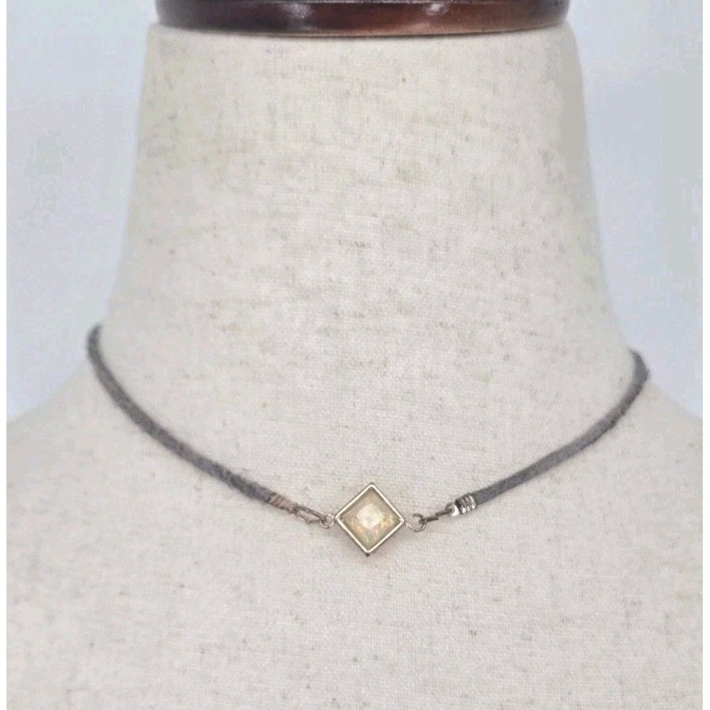 Gray Suede Choker Necklace Square Iridescent Opal Look Rose Gold Tone Bohemian
